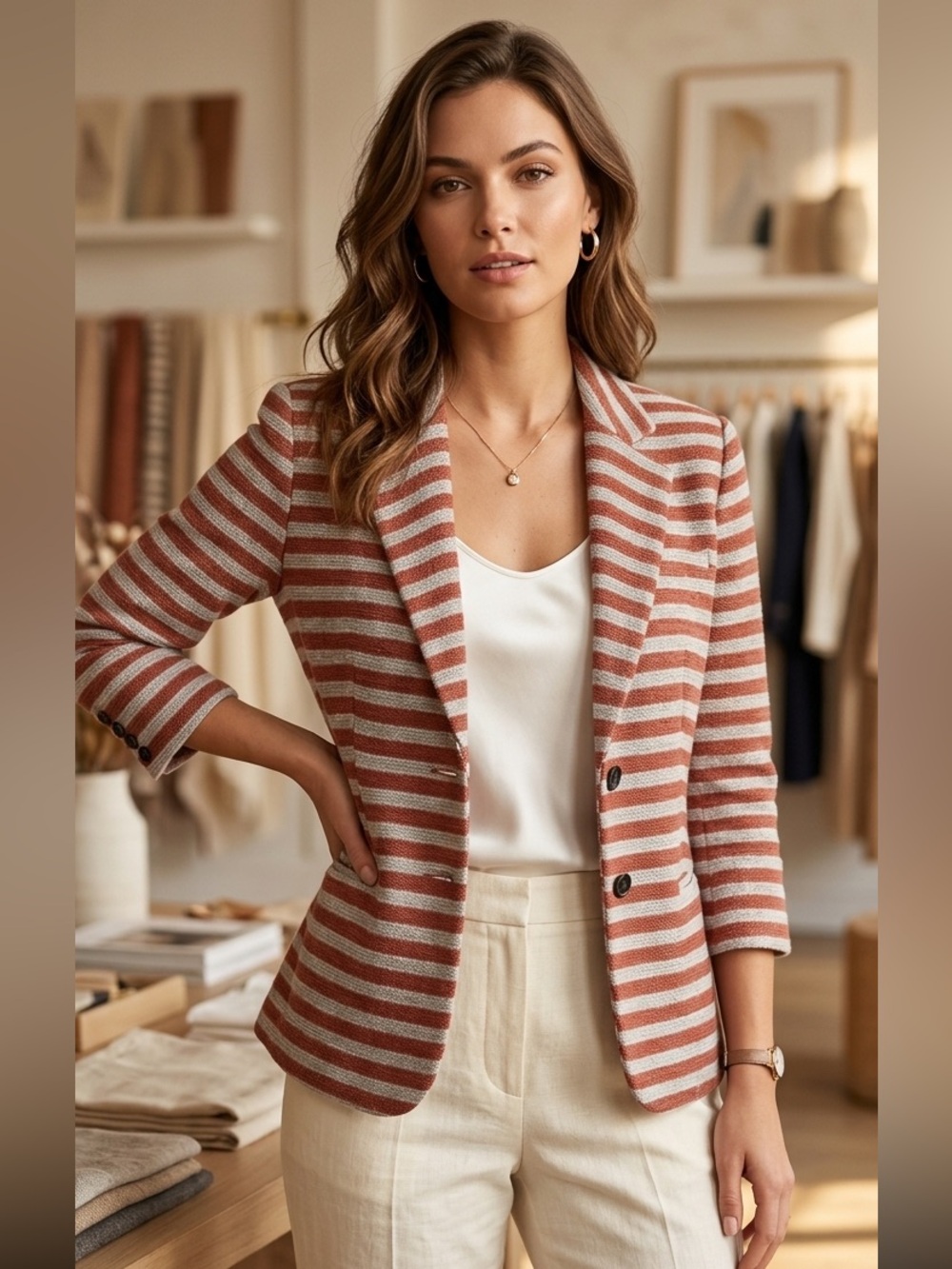 Cartonnier Anthropologie Striped Knit Blazer Red Gray Cotton Blend Size M